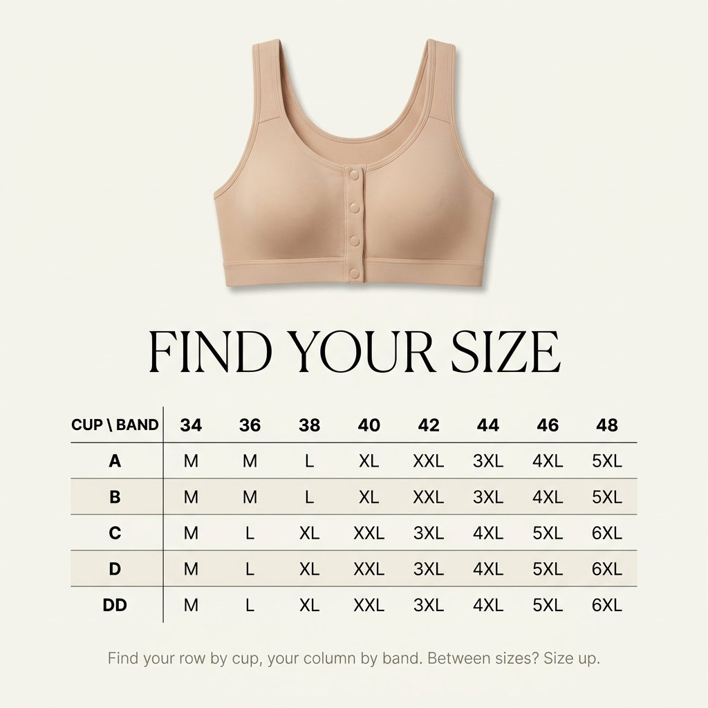 Size guide: find your row by cup and your column by underbust band, bands 34 to 48, cups A to DD, sizes M to 6XL