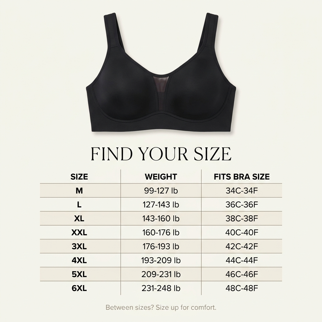Size guide: sizes M to 6XL matched to weight and usual bra size, 34C-34F through 48C-48F