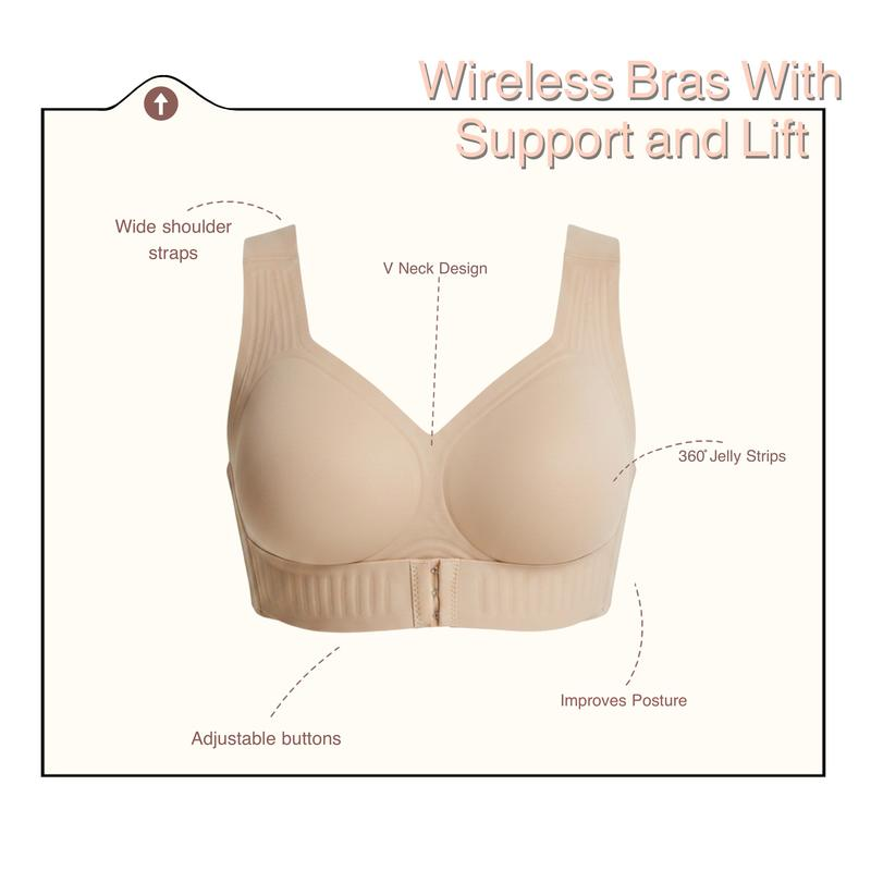 Wireless bra with support and lift: wide shoulder straps, V-neck design, front closure