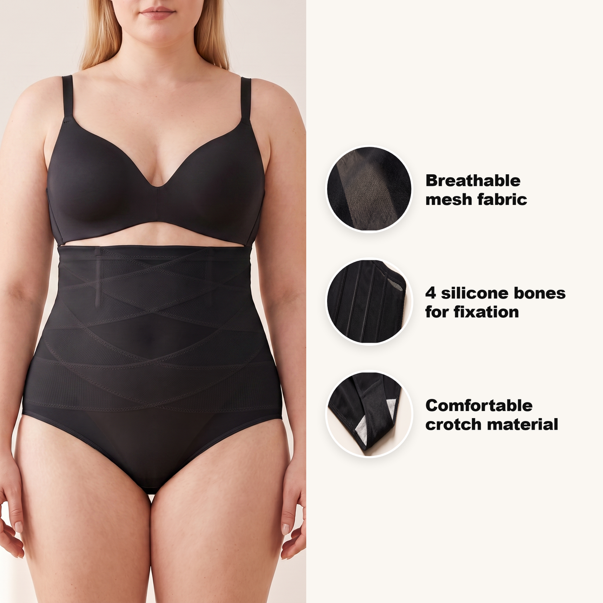 Breathable mesh fabric, 4 silicone bones for fixation, comfortable crotch material